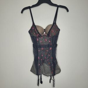 Victoria's secret black fish net sexy flower lace garter corset size 34b